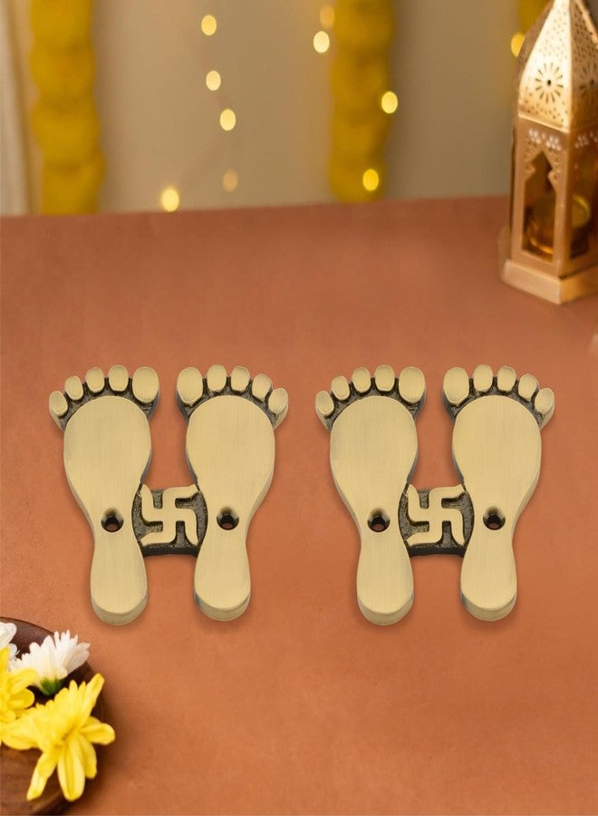 DEVDECOR Handcrafted Brass Lakshmi Charan Paduka with Swastik | Traditional Footprints for Mandir & Home Decor 7.62 x 7.62 cm, Gold Finish - Image 5